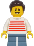 LEGO twn415 Boy - White Sweater with Red Horizontal Stripes, Sand Blue Short Legs, Dark Brown Hair